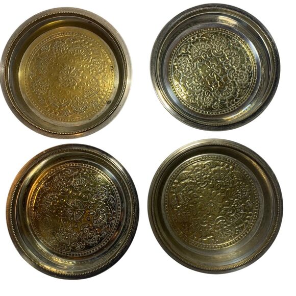 Vintage Silver Plated over Brass Set of 4 Coasters Trinket Trays - Picture 2 of 5